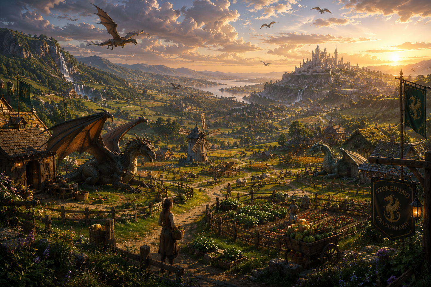 Hearthvale | Fine Art Poster | Dragons & Countryside Fantasy Landscape