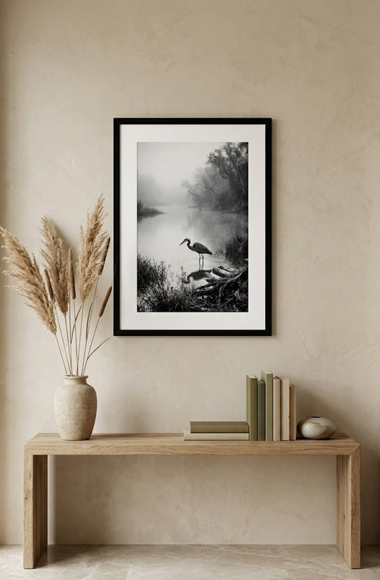 Quietude | Fine Art Print | Crane on Misty River
