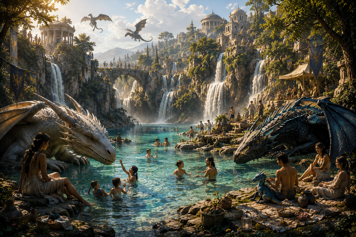 Sanctuary Falls | Fine Art Poster | Dragons & Waterfall Paradise Fantasy