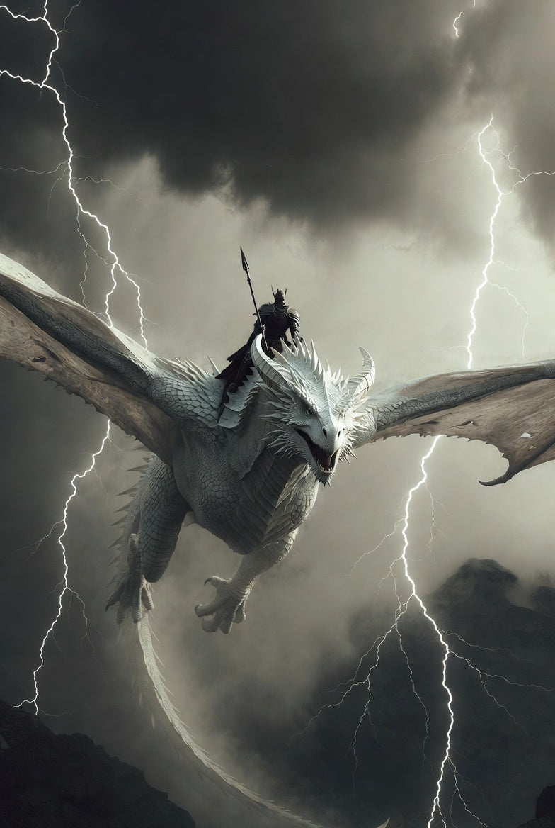 The Lightning Vanguard | Fine Art Poster | White Dragon & Rider