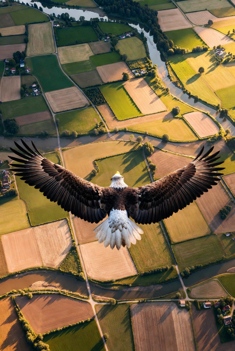 Bald eagle flying over a landscape of fields and a river