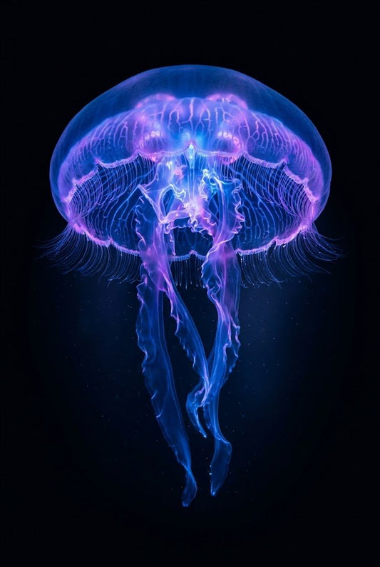 Glowing jellyfish against a black background