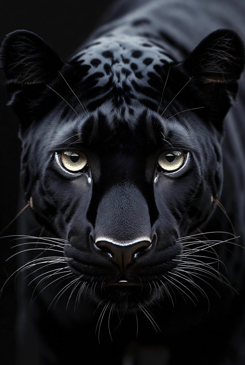 Close-up of a black panther's face with a dark background. Wall Art
