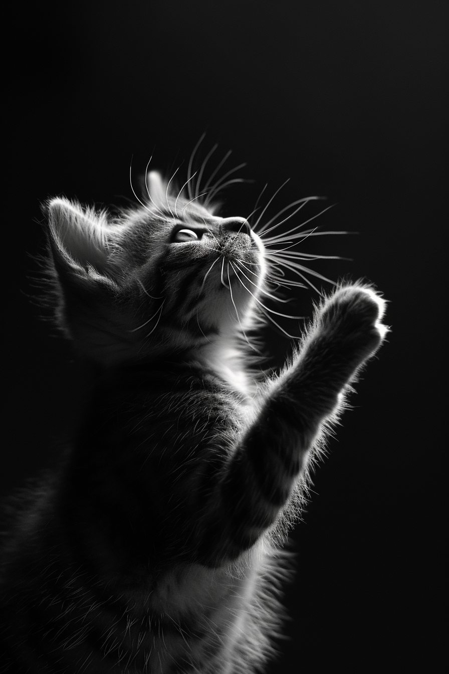 Elegant black & white kitten portrait in dramatic chiaroscuro lighting. Museum-grade fine art print, unframed or exhibition framed. Available in A4, A3 & A2.