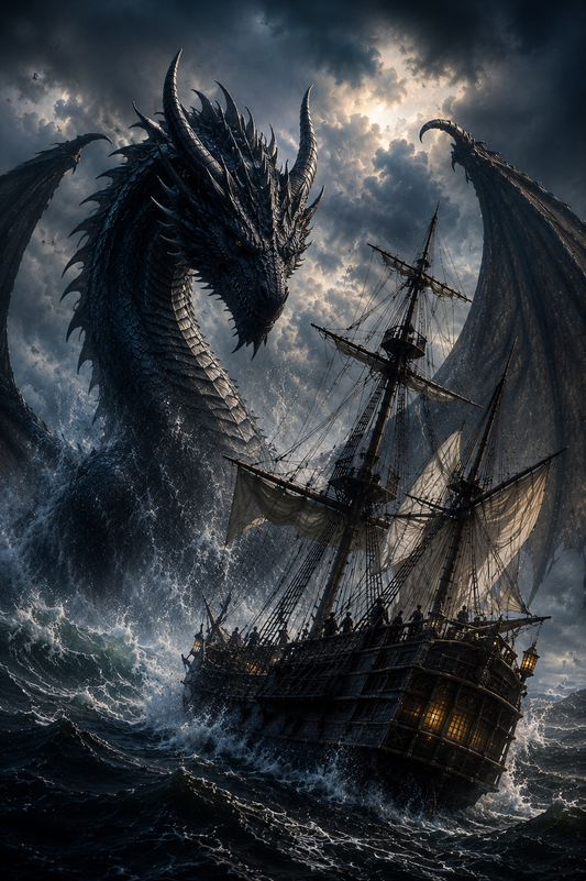Depths of Ruin | Fine Art Poster | Sea Dragon & Ship