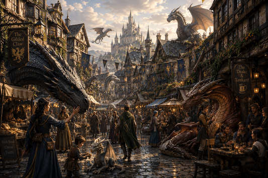 Drakehaven | Fine Art Poster | Dragon & Human Fantasy City