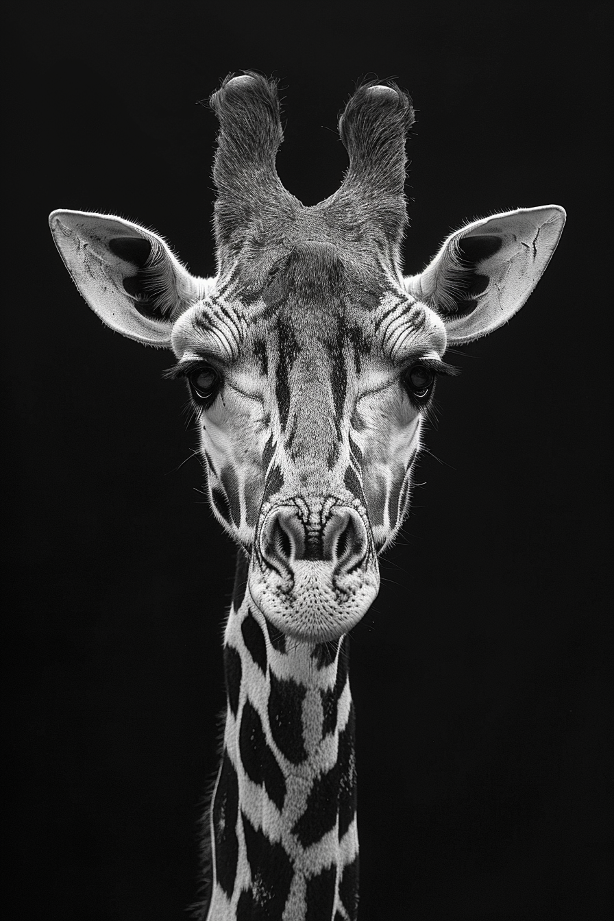 Black and white image of a giraffe against a black background