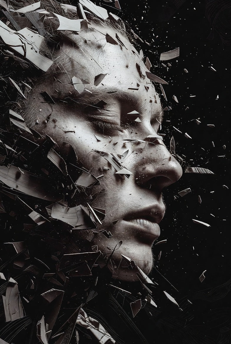 Black and white abstract art of a face with shattered glass effect