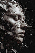 Black and white abstract art of a face with shattered glass effect