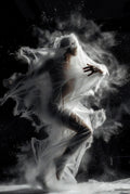 Person in a flowing white dress surrounded by smoke on a black background