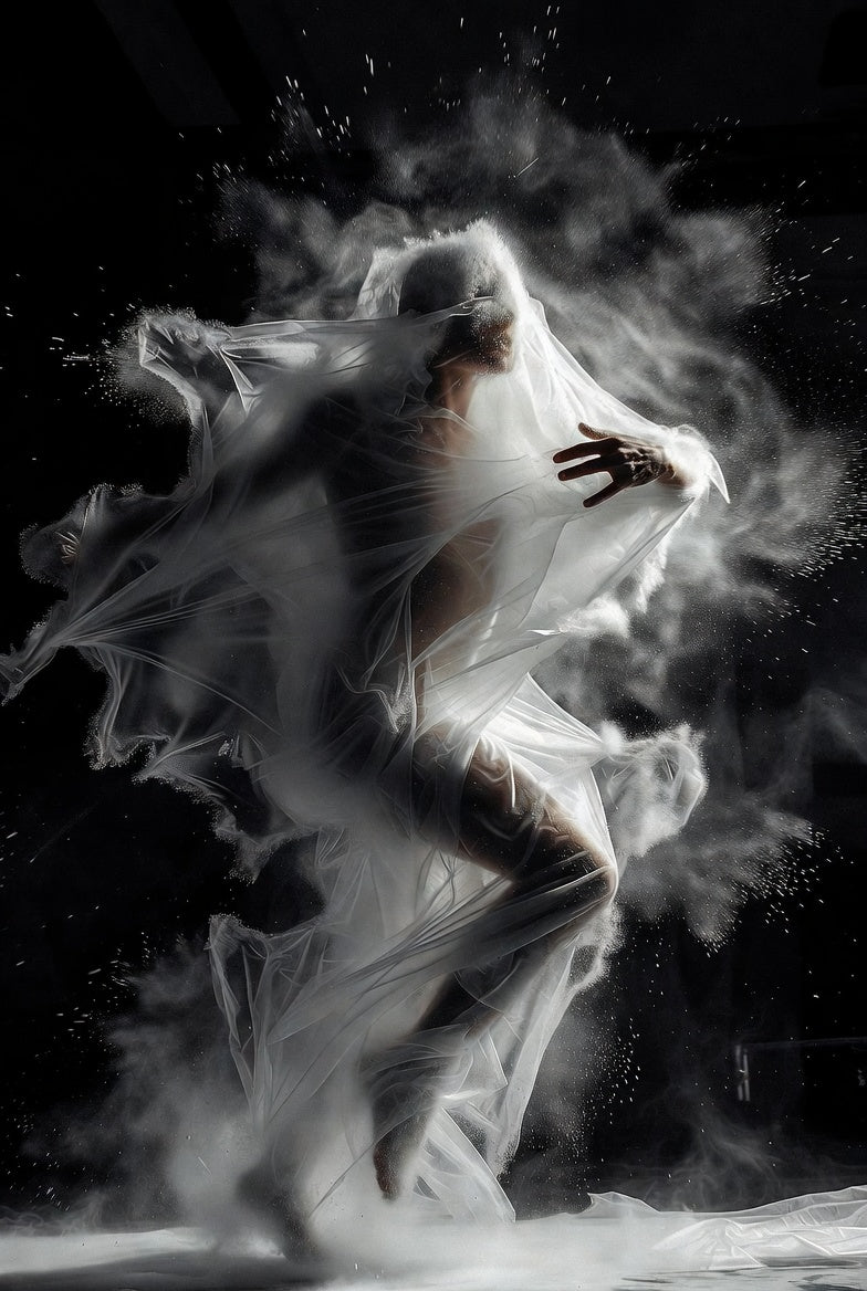 Person in a flowing white dress surrounded by smoke on a black background