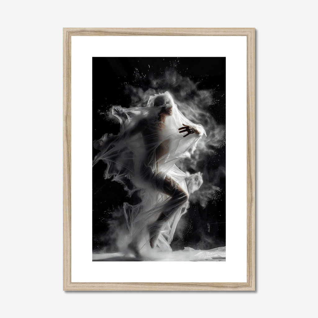 Framed artwork of a person in a flowing dress with smoke effects on a white background