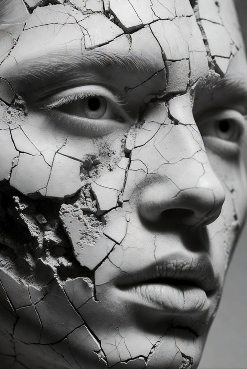 Artistic depiction of a face with a cracked, textured surface