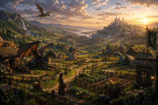 Hearthvale | Fine Art Poster | Dragons & Countryside Fantasy Landscape