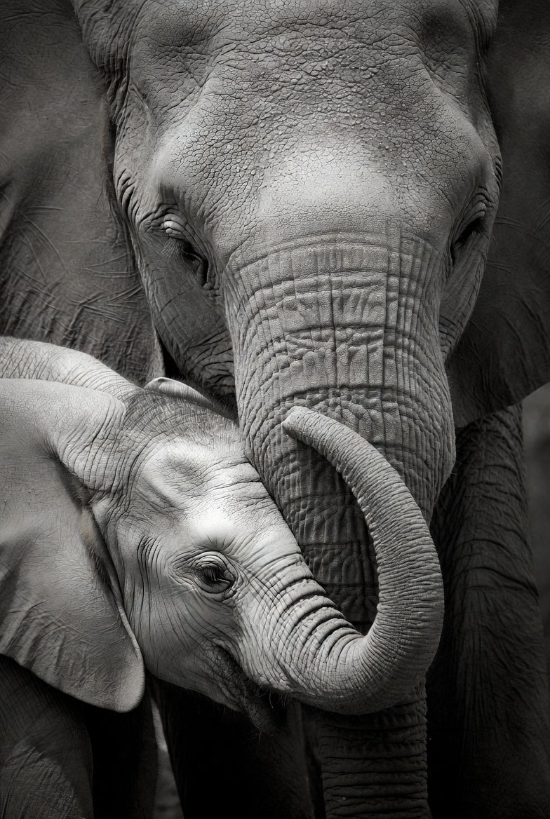 Black and white photo of two elephants interacting