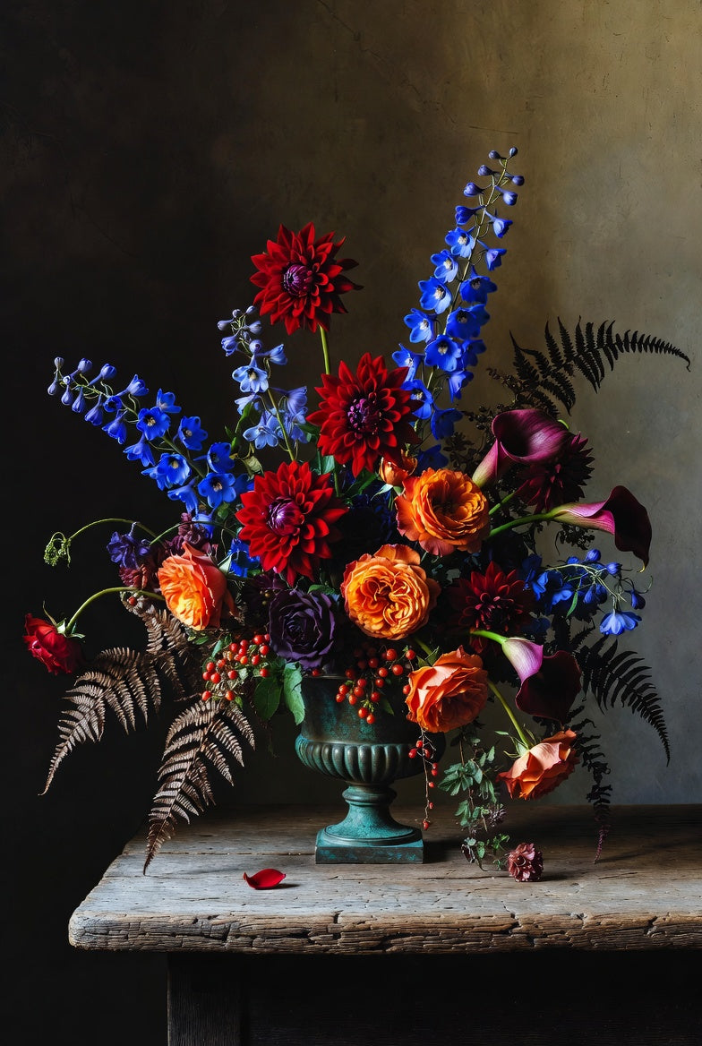 Colorful flower arrangement in a green vase on a wooden table with a dark background