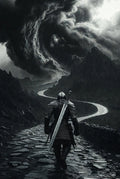 Person with a sword walking along a mountain path under a dark, stormy sky.