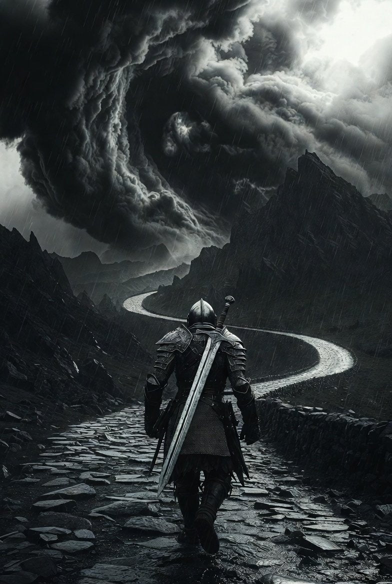 Person with a sword walking along a mountain path under a dark, stormy sky.