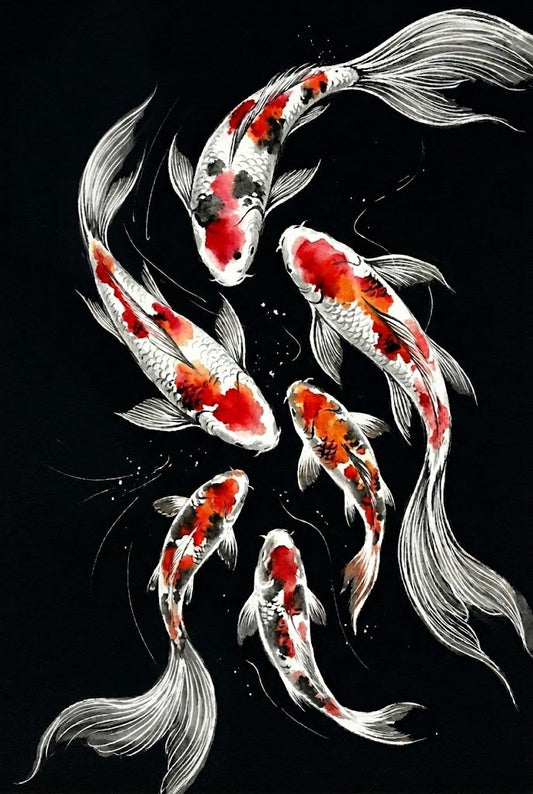 Artistic depiction of koi fish on a black background