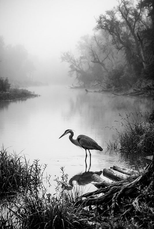 Black and white photo of a heron standing on a log by a misty lake
