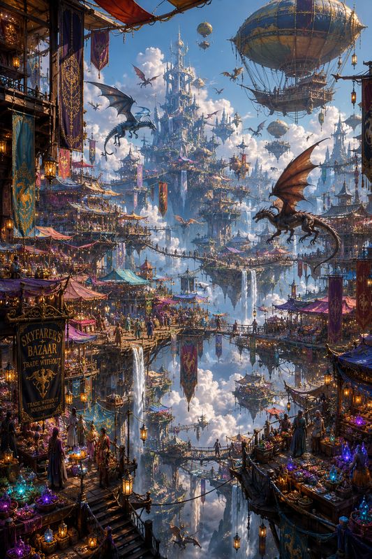 Skyfarer's Bazaar | Fine Art Poster | Floating Sky Market Fantasy