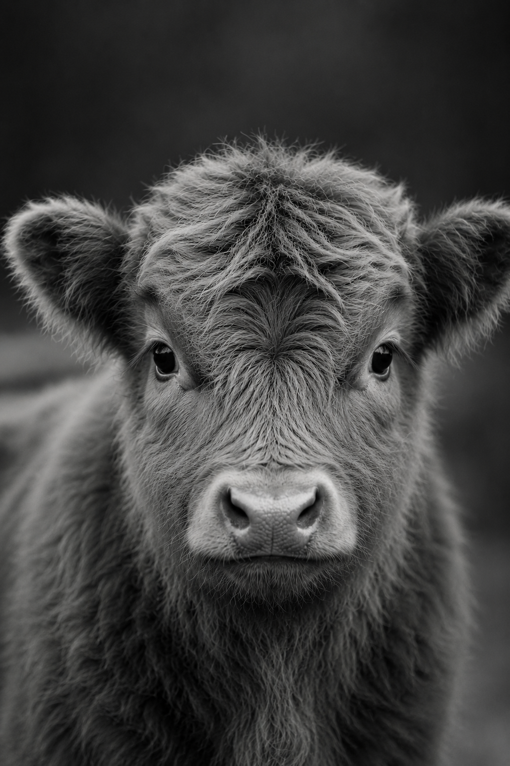 Black and white photo of a young cow's face