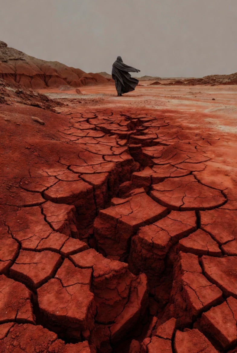Person walking on a cracked, red desert landscape