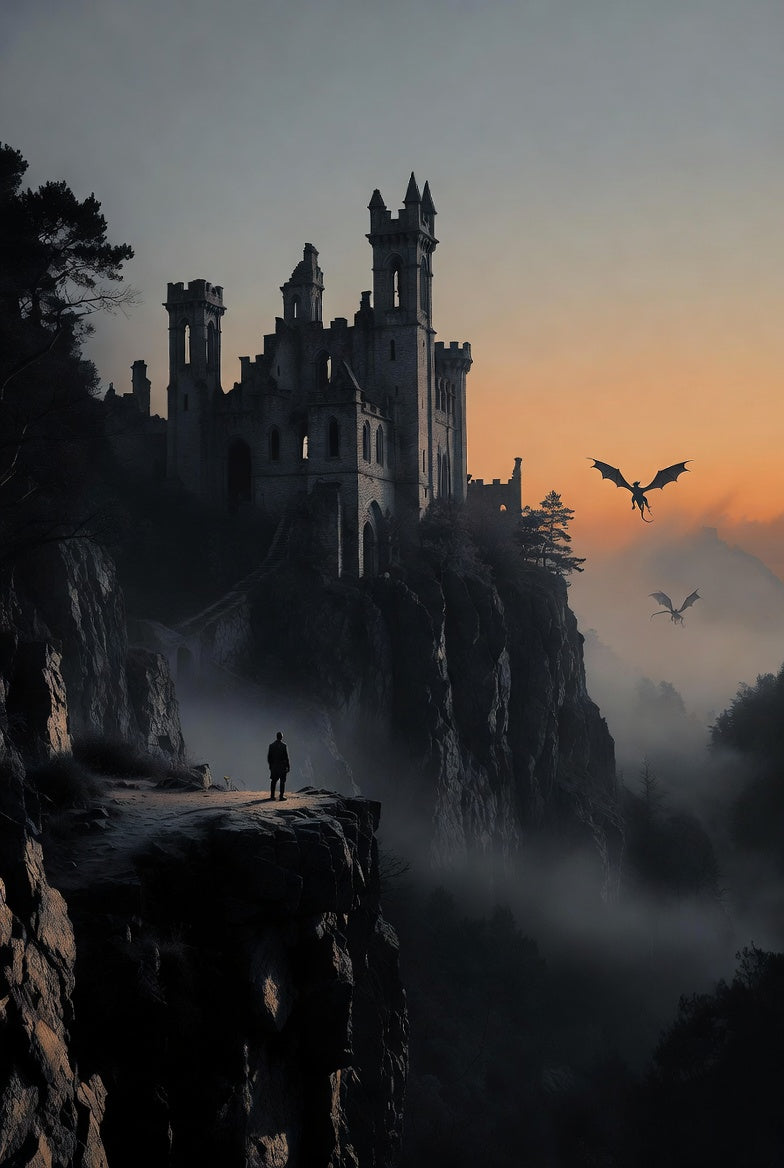 Silhouette of a castle on a cliff with a person and dragons at sunset
