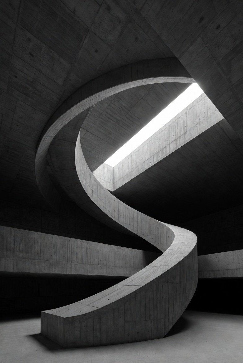 Concrete spiral staircase with a light source at the top, creating a dramatic effect.