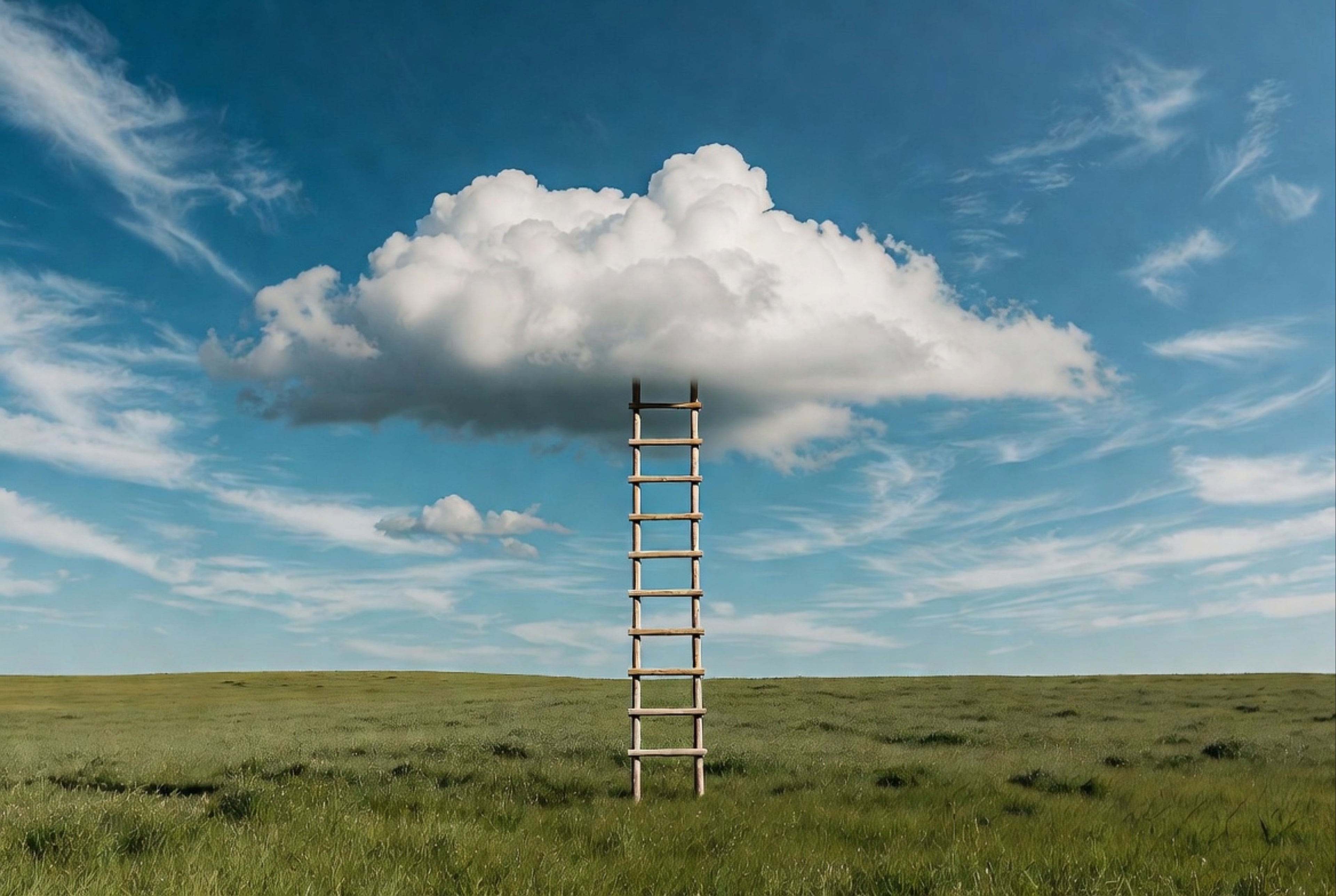Ladder leading up to a cloud in a blue sky with green grass below