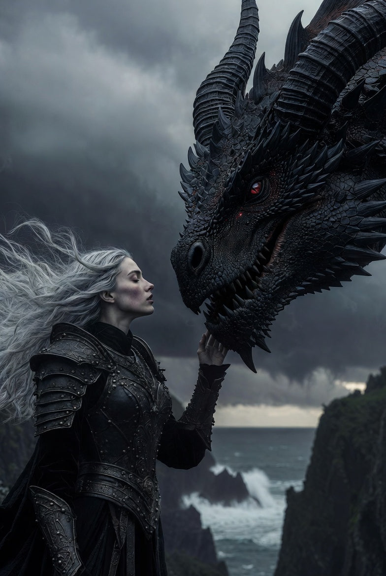 Woman in armor facing a dragon against a dramatic sky and ocean backdrop