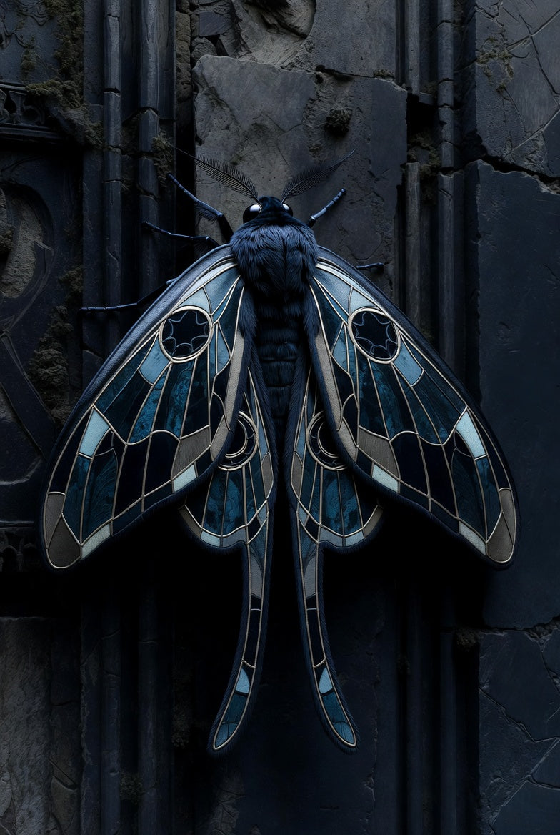 Stylized moth with blue and black wings on a dark background