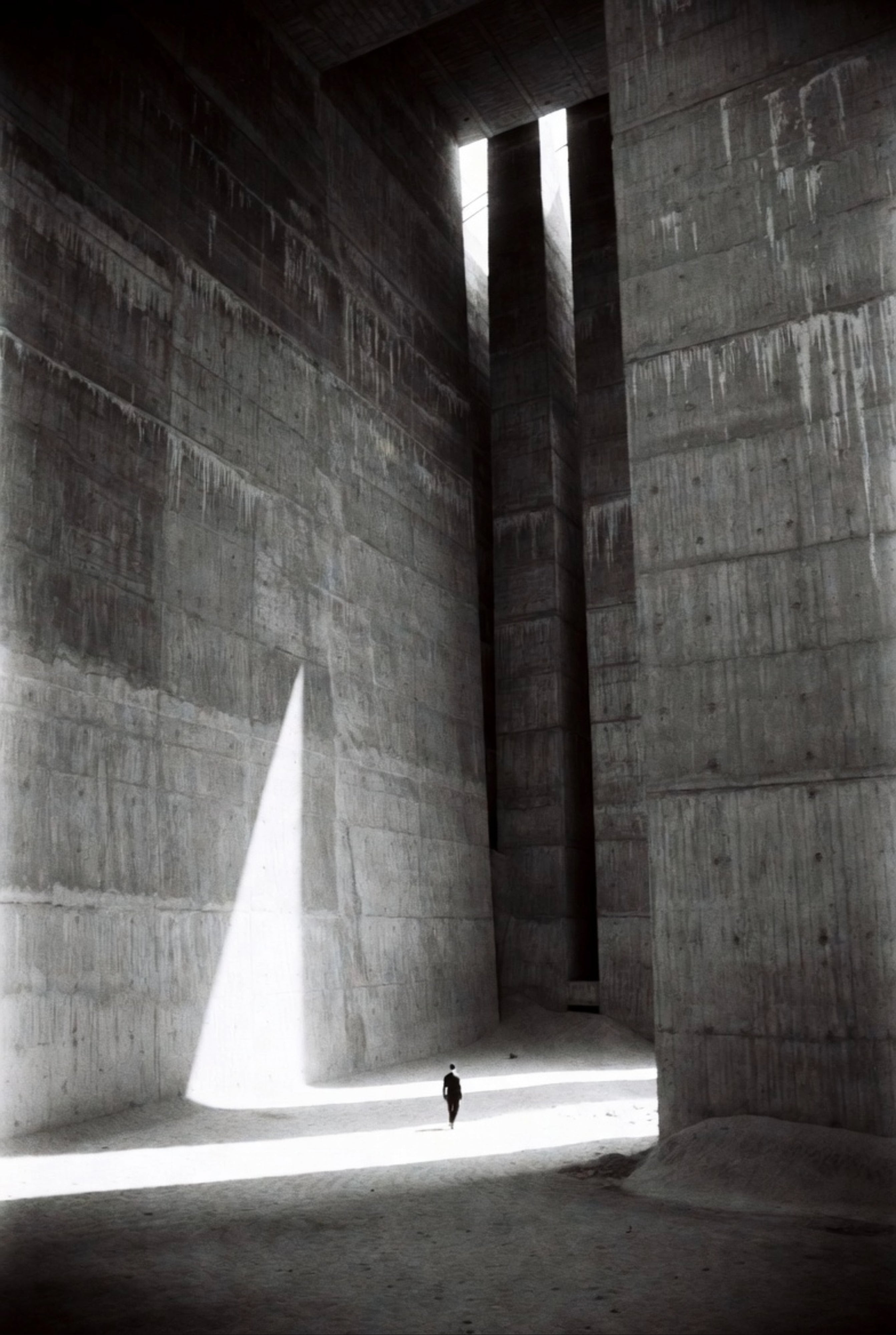 Person standing in a large concrete structure with light streaming through a high window.