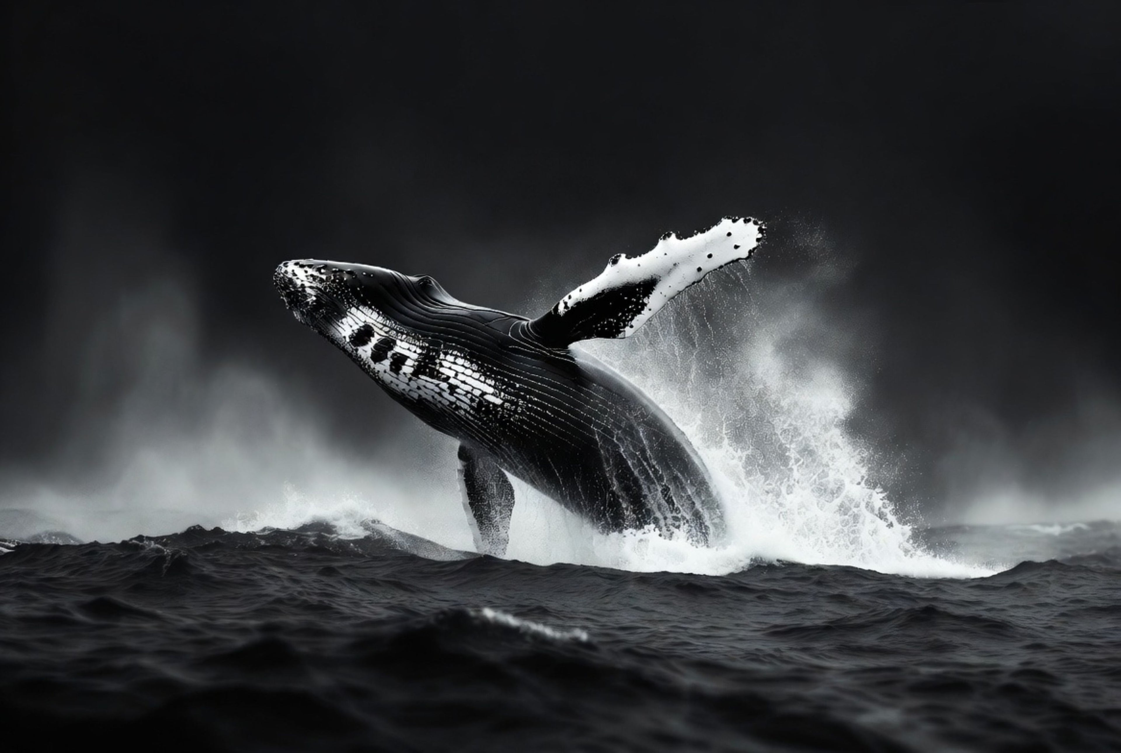 Black and white image of a whale breaching in the ocean