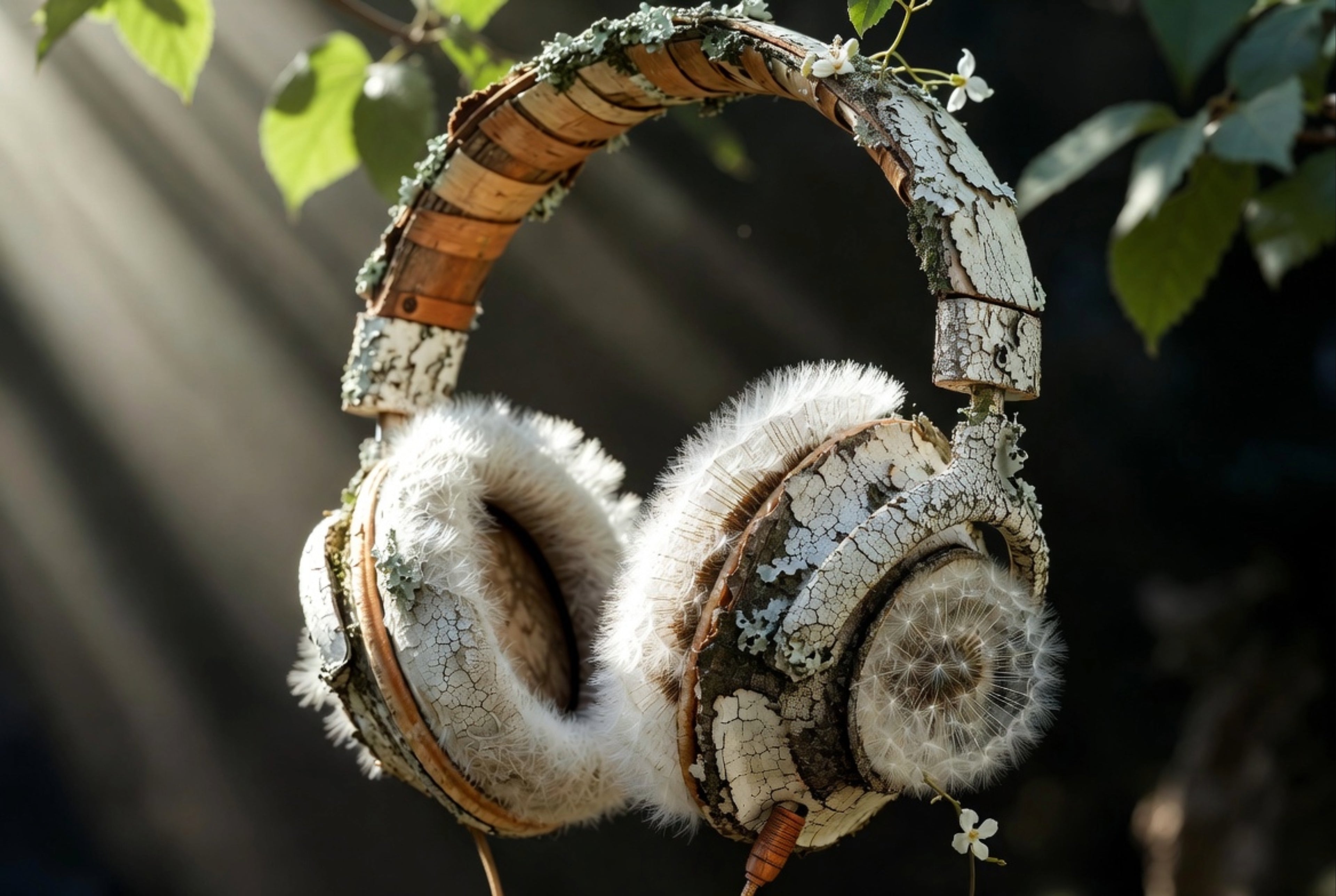 Wooden headphones with fur lining hanging on a branch with leaves.