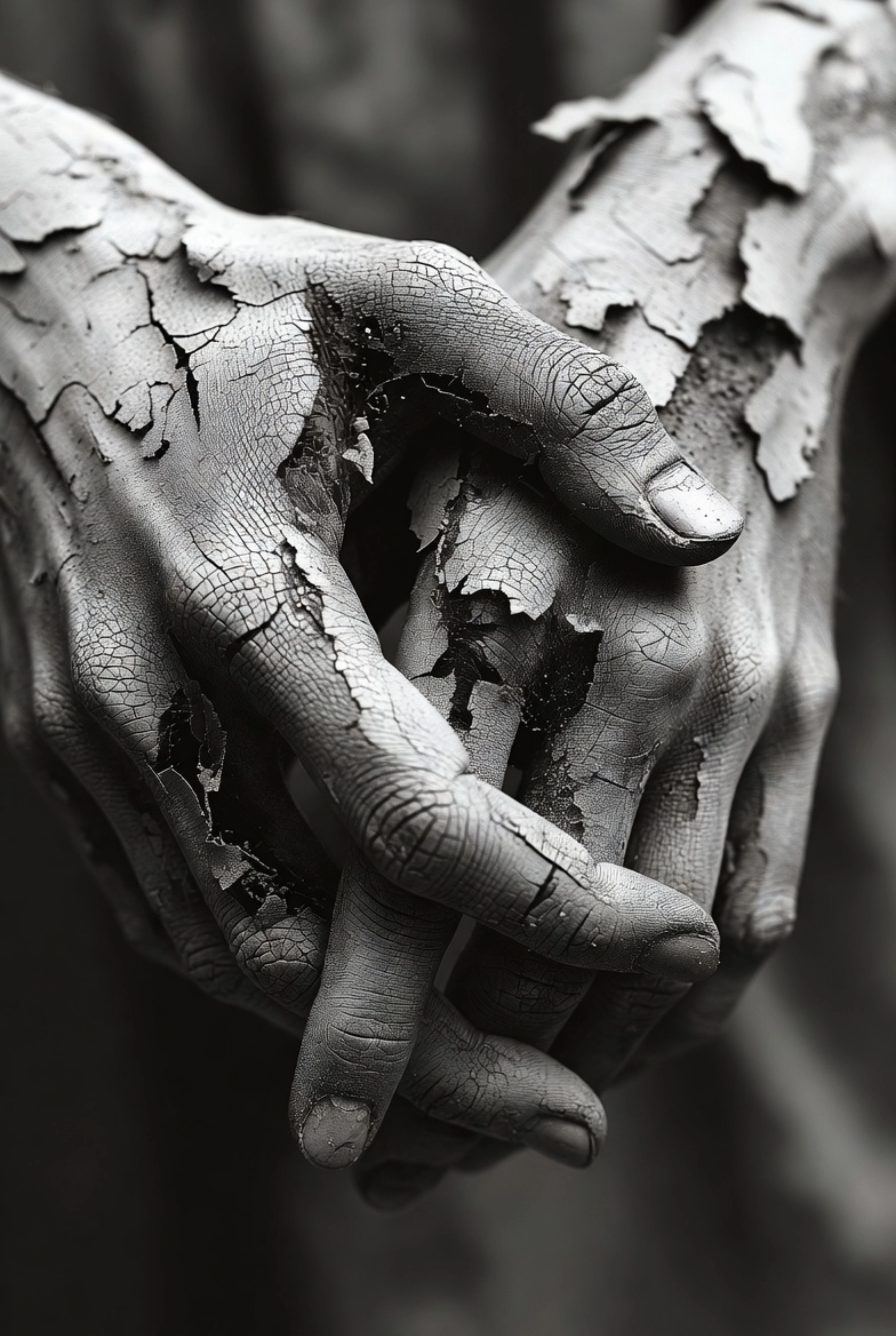 Close-up of a textured hand holding another hand, with a blurred background