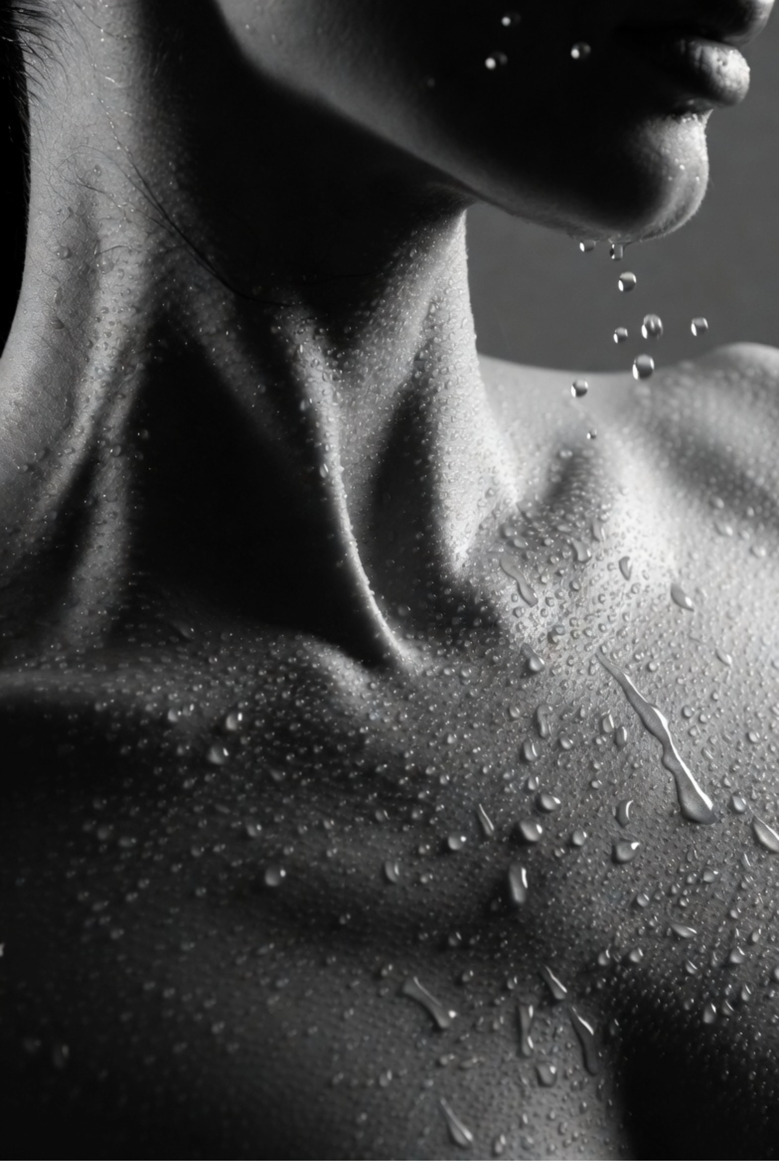 Black and white close-up of a person's neck and shoulder with water droplets.