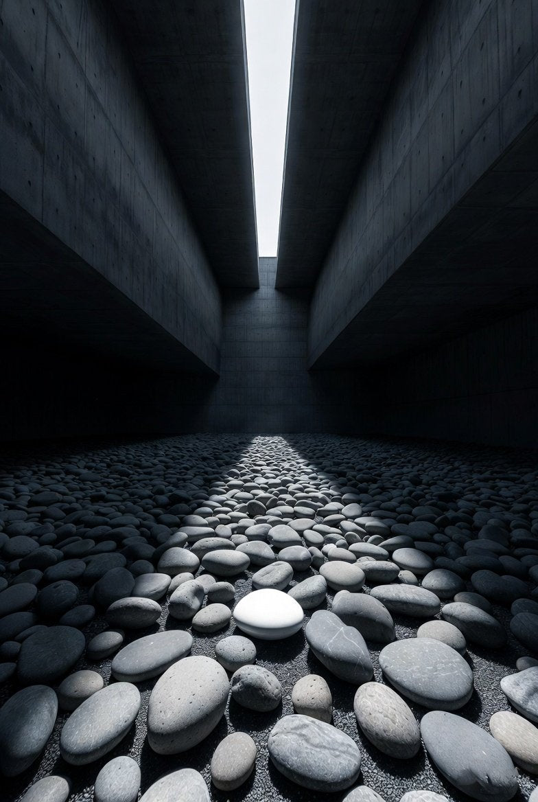 Dark tunnel with pebbles leading to a light at the end