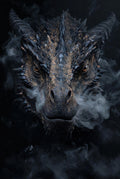 Close-up of a dragon's face with a dark background
