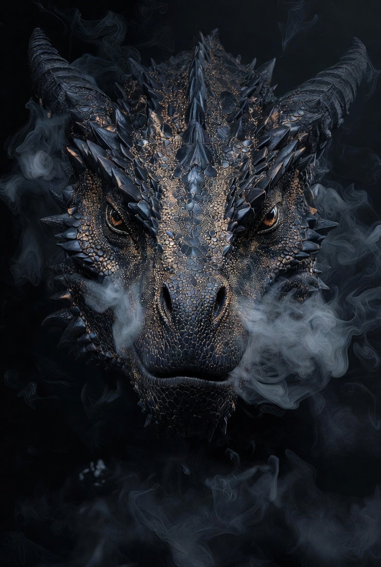 Close-up of a dragon's face with a dark background