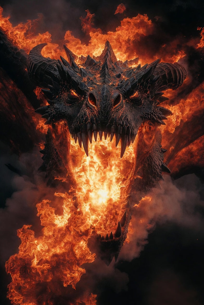 Dragon with flames in a dark background