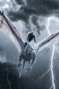 Person riding a dragon amidst a stormy sky with lightning.