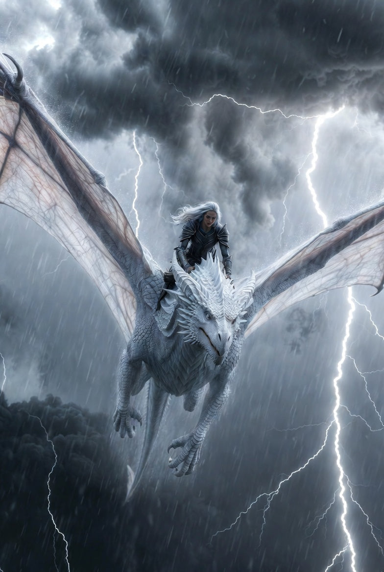Person riding a dragon amidst a stormy sky with lightning.