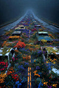 Colorful flowers and plants growing on a road with cars