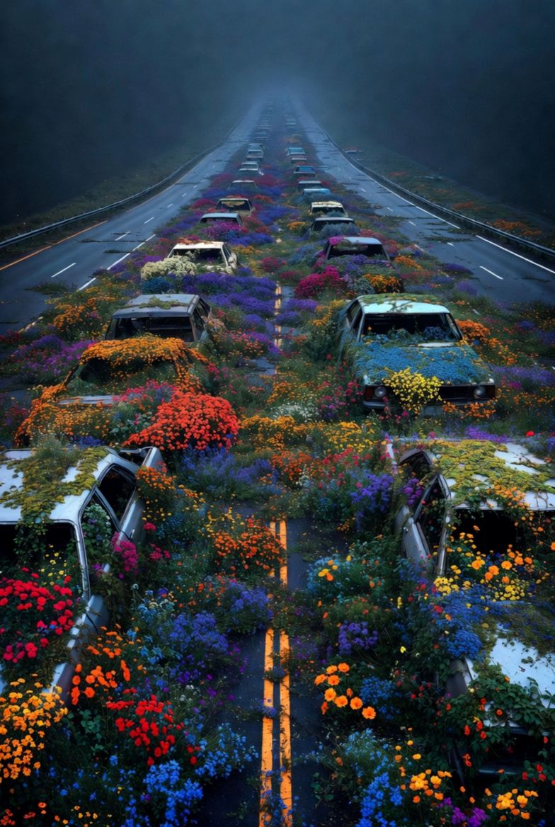 Colorful flowers and plants growing on a road with cars