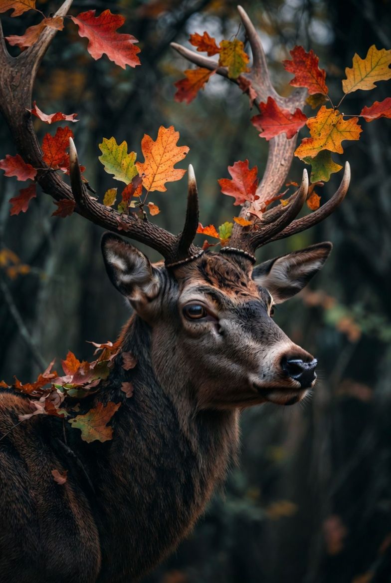Deer with antlers and autumn leaves on a dark background
