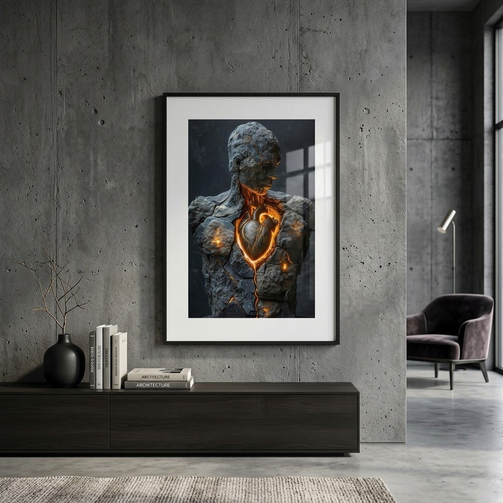 Framed artwork of a stone sculpture with glowing heart on a concrete wall in a modern room.