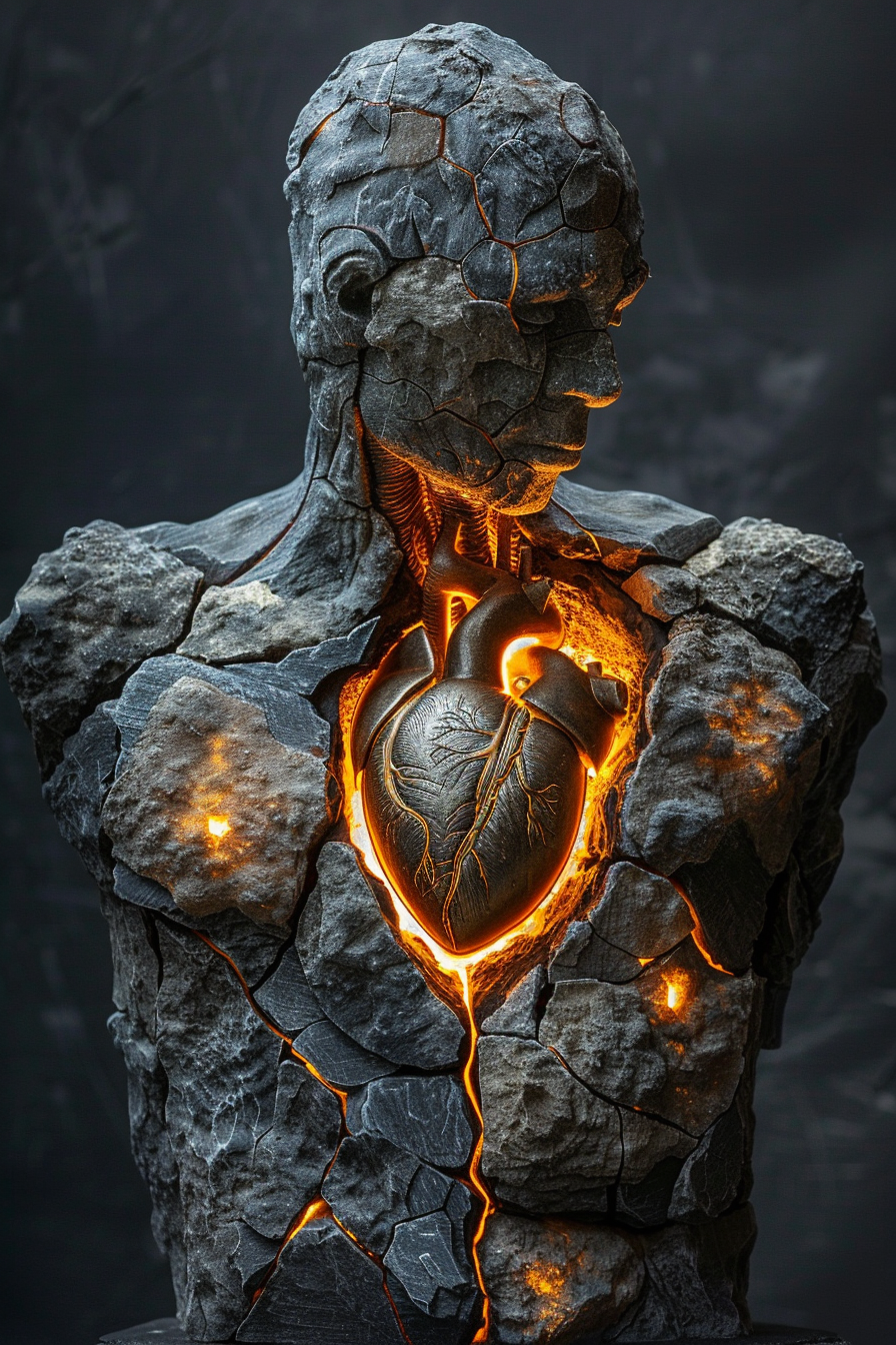 Stone sculpture with glowing heart design on a dark background