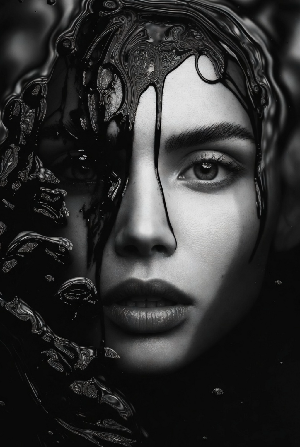 Black and white artistic depiction of a face with intricate patterns overlaying it