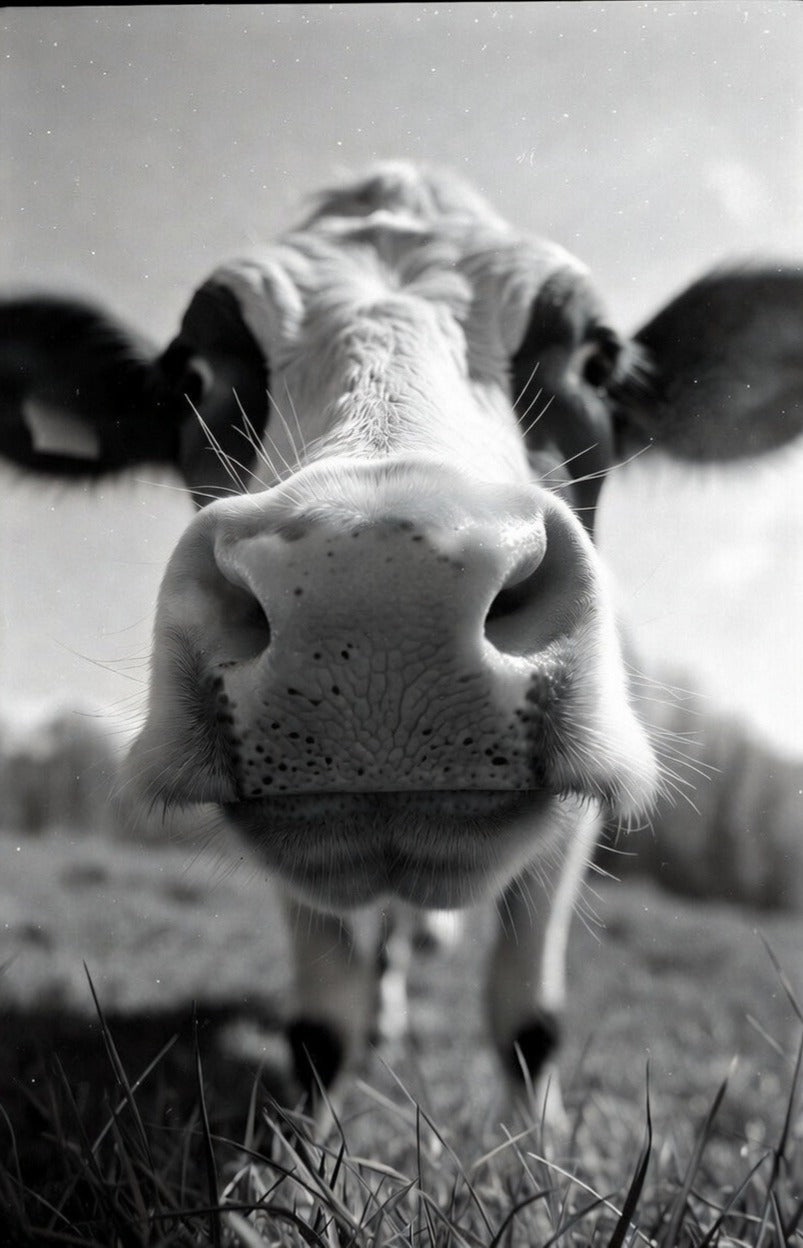 Close-up of a cow's face in a field with a blurred background